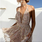 Deep V-Neck Halter Sequin Tiered Mini Cocktail Dress