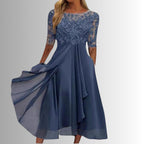 Lace Bodice Three-Quarter Sleeve Draped Chiffon Midi Dress in Blue