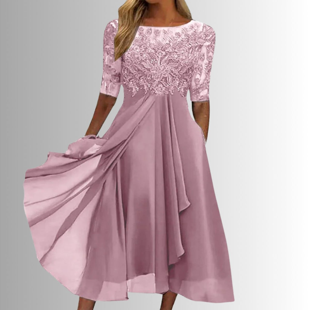 Lace Bodice Three-Quarter Sleeve Draped Chiffon Midi Dress in Pink