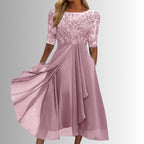 Lace Bodice Three-Quarter Sleeve Draped Chiffon Midi Dress in Pink