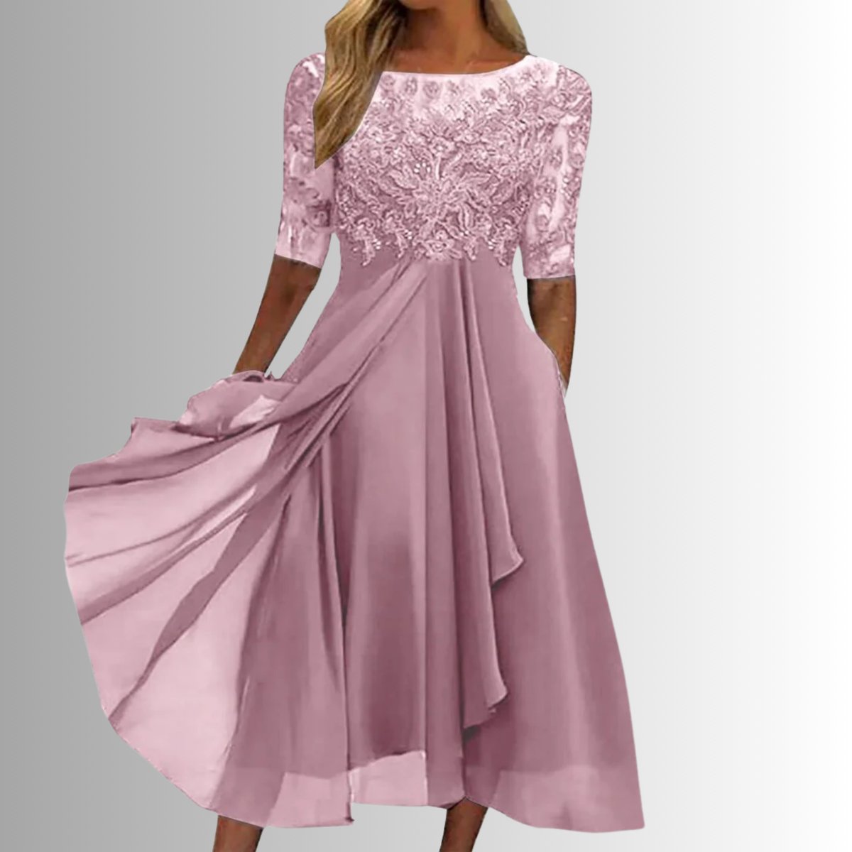 Lace Bodice Three-Quarter Sleeve Draped Chiffon Midi Dress in Pink