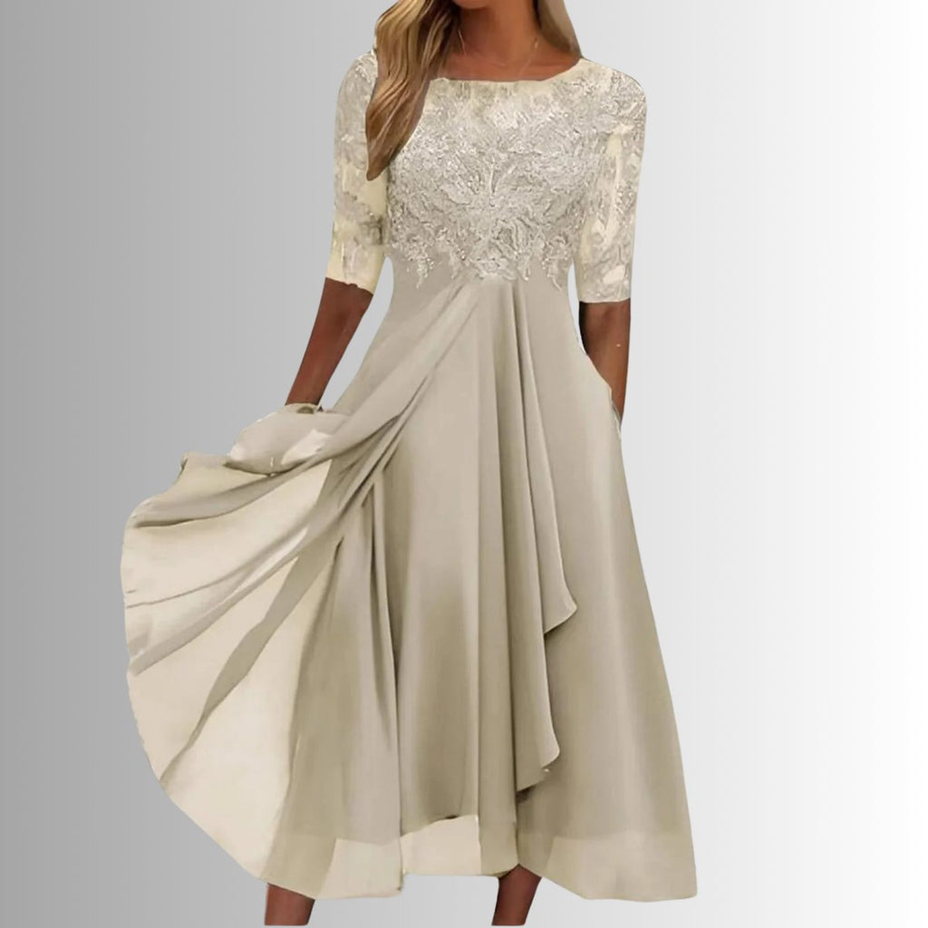 Lace Bodice Three-Quarter Sleeve Draped Chiffon Midi Dress in Cream