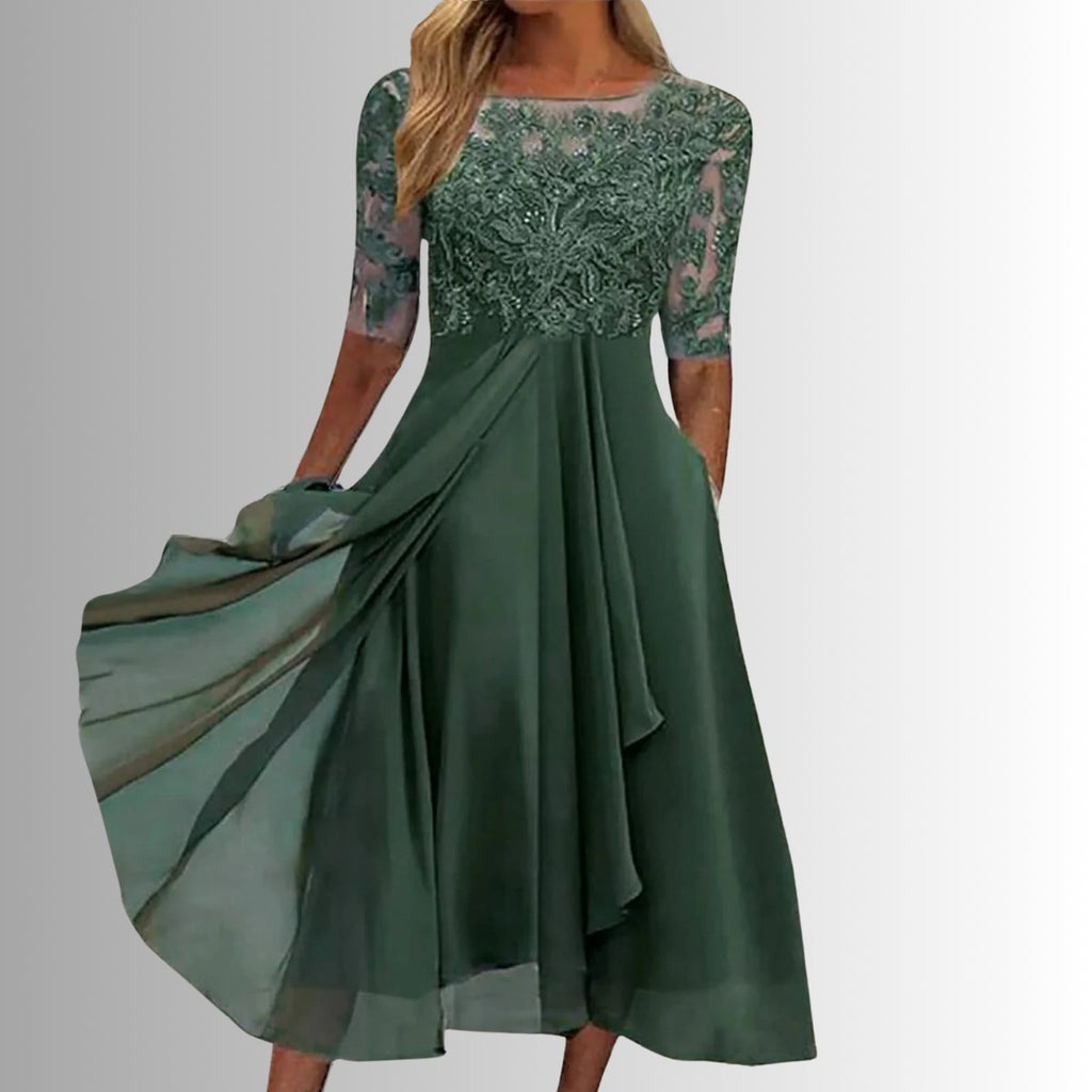 Lace Bodice Three-Quarter Sleeve Draped Chiffon Midi Dress in Gree