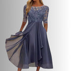 Lace Bodice Three-Quarter Sleeve Draped Chiffon Midi Dress in Purple