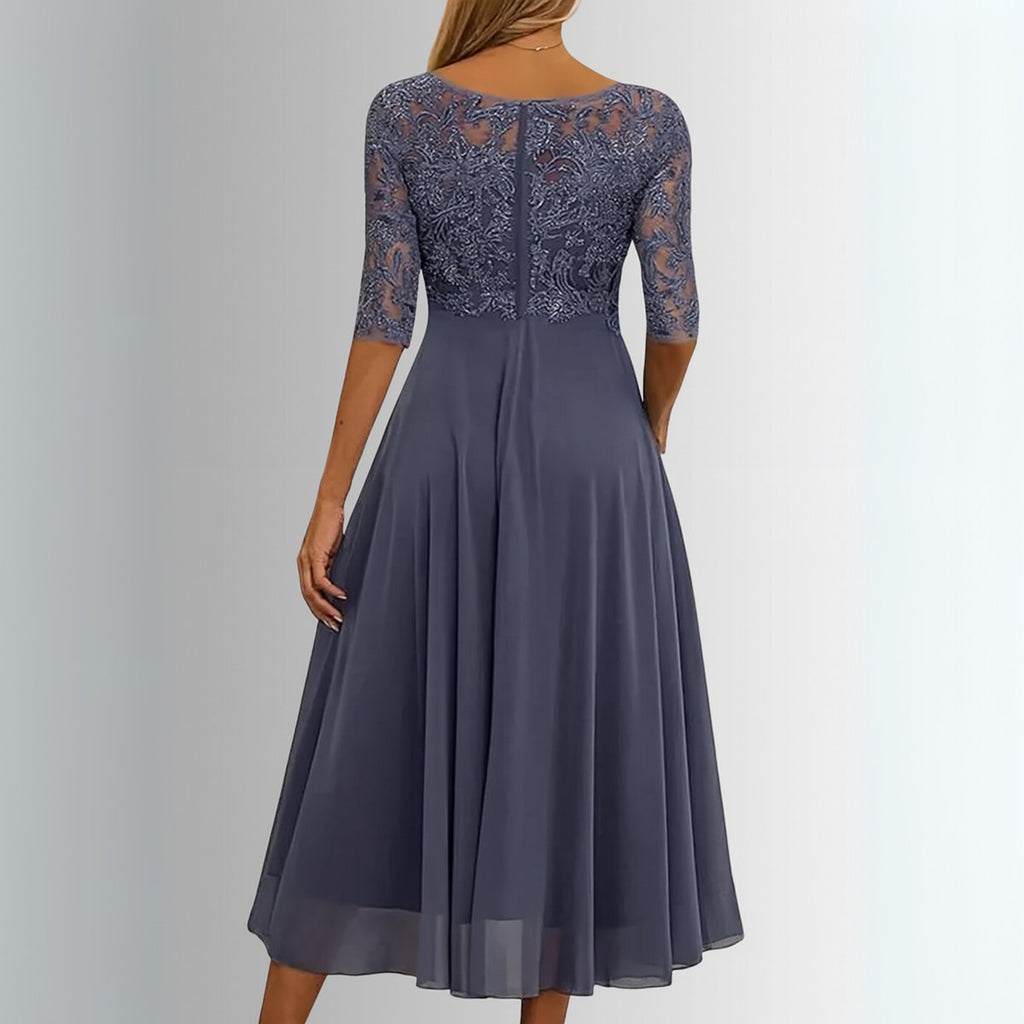Lace Bodice Three-Quarter Sleeve Draped Chiffon Midi Dress