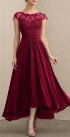 Lace Bodice Cap-Sleeve High-Low A-Line Occasion Dress in Burgundy