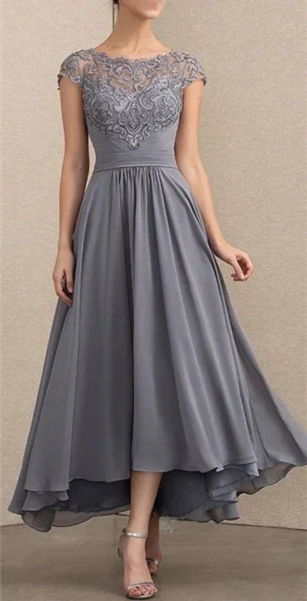 Lace Bodice Cap-Sleeve High-Low A-Line Occasion Dress in Grey