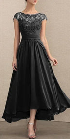 Lace Bodice Cap-Sleeve High-Low A-Line Occasion Dress in Black