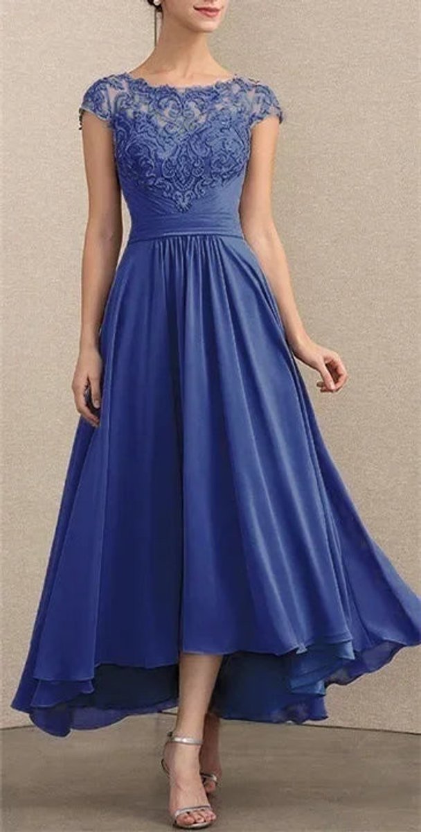 Lace Bodice Cap-Sleeve High-Low A-Line Occasion Dress in Blue