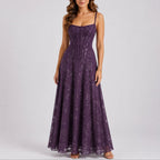 Boned Corset Bodice A-Line Maxi Wedding Guest Dress in Purple