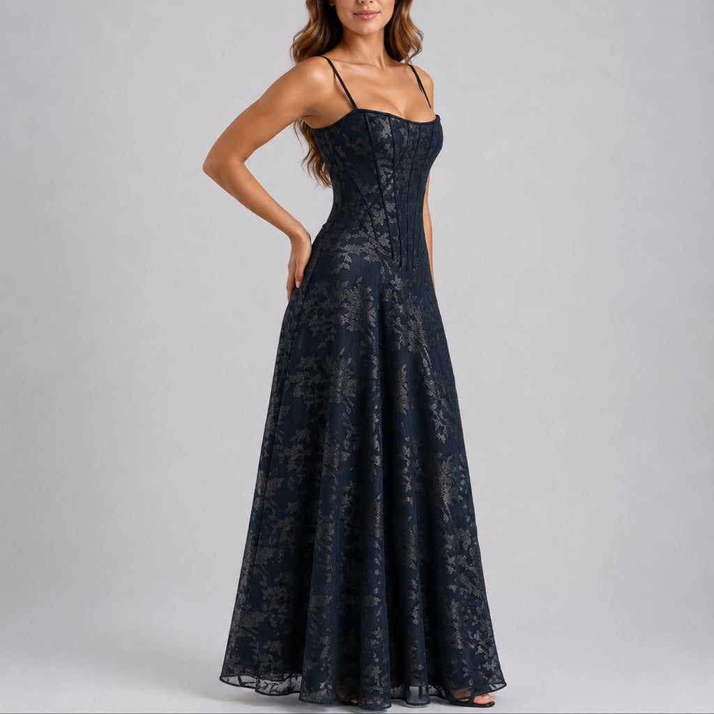 Boned Corset Bodice A-Line Maxi Wedding Guest Dress in Navy