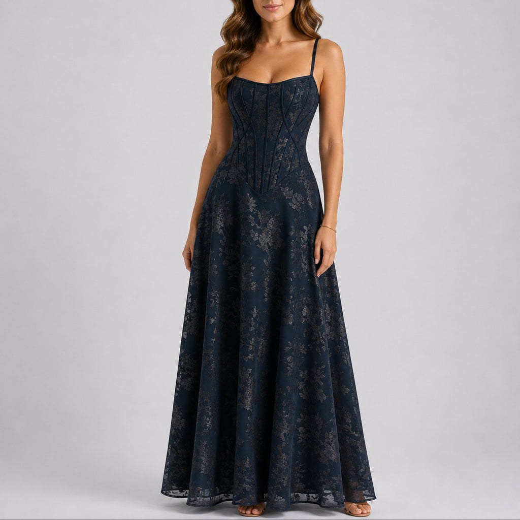 Boned Corset Bodice A-Line Maxi Wedding Guest Dress