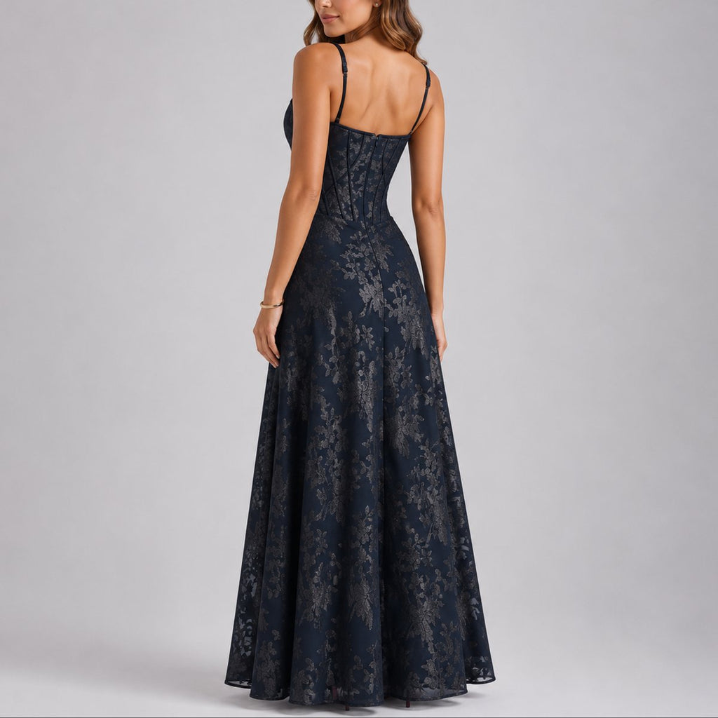 Boned Corset Bodice A-Line Maxi Wedding Guest Dress