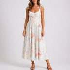 Tie-Shoulder Ruched Floral Print Midi Wedding Guest Dress in Pink Floral