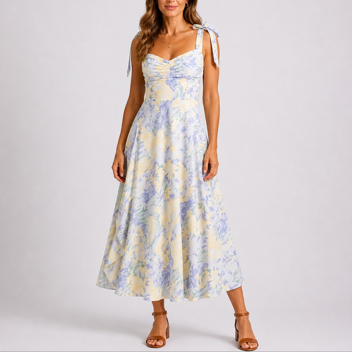 Tie-Shoulder Ruched Floral Print Midi Wedding Guest Dress in Blue Floral