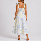 Tie-Shoulder Ruched Floral Print Midi Wedding Guest Dress
