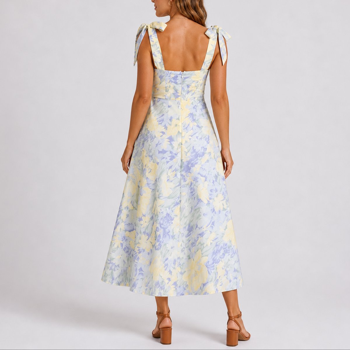 Tie-Shoulder Ruched Floral Print Midi Wedding Guest Dress