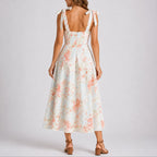 Tie-Shoulder Ruched Floral Print Midi Wedding Guest Dress