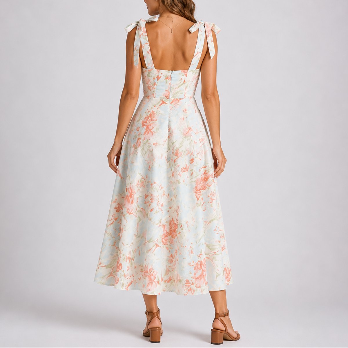 Tie-Shoulder Ruched Floral Print Midi Wedding Guest Dress