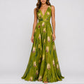 Deep V-Neck Floral Chiffon Maxi Wedding Guest Dress in Gree
