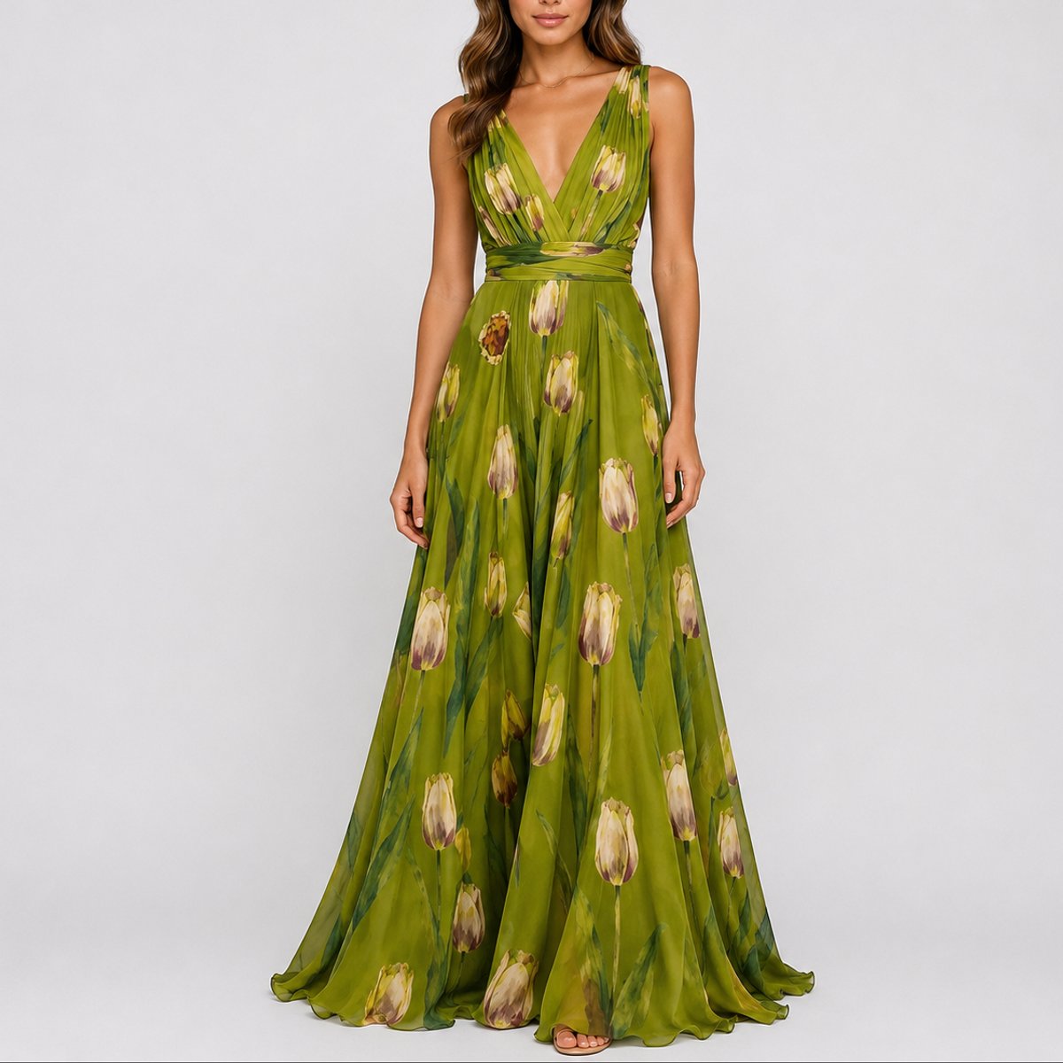 Deep V-Neck Floral Chiffon Maxi Wedding Guest Dress in Gree