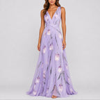 Deep V-Neck Floral Chiffon Maxi Wedding Guest Dress in Purple
