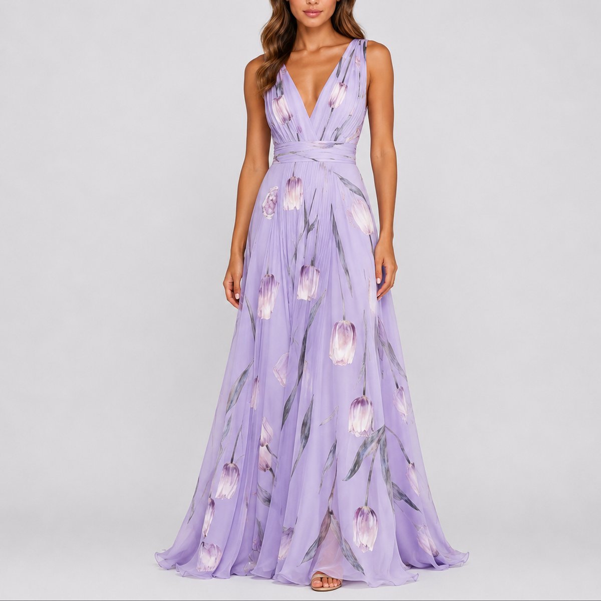 Deep V-Neck Floral Chiffon Maxi Wedding Guest Dress in Purple