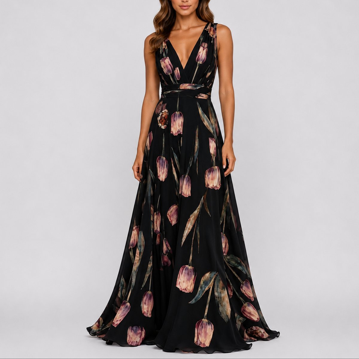 Deep V-Neck Floral Chiffon Maxi Wedding Guest Dress in Black