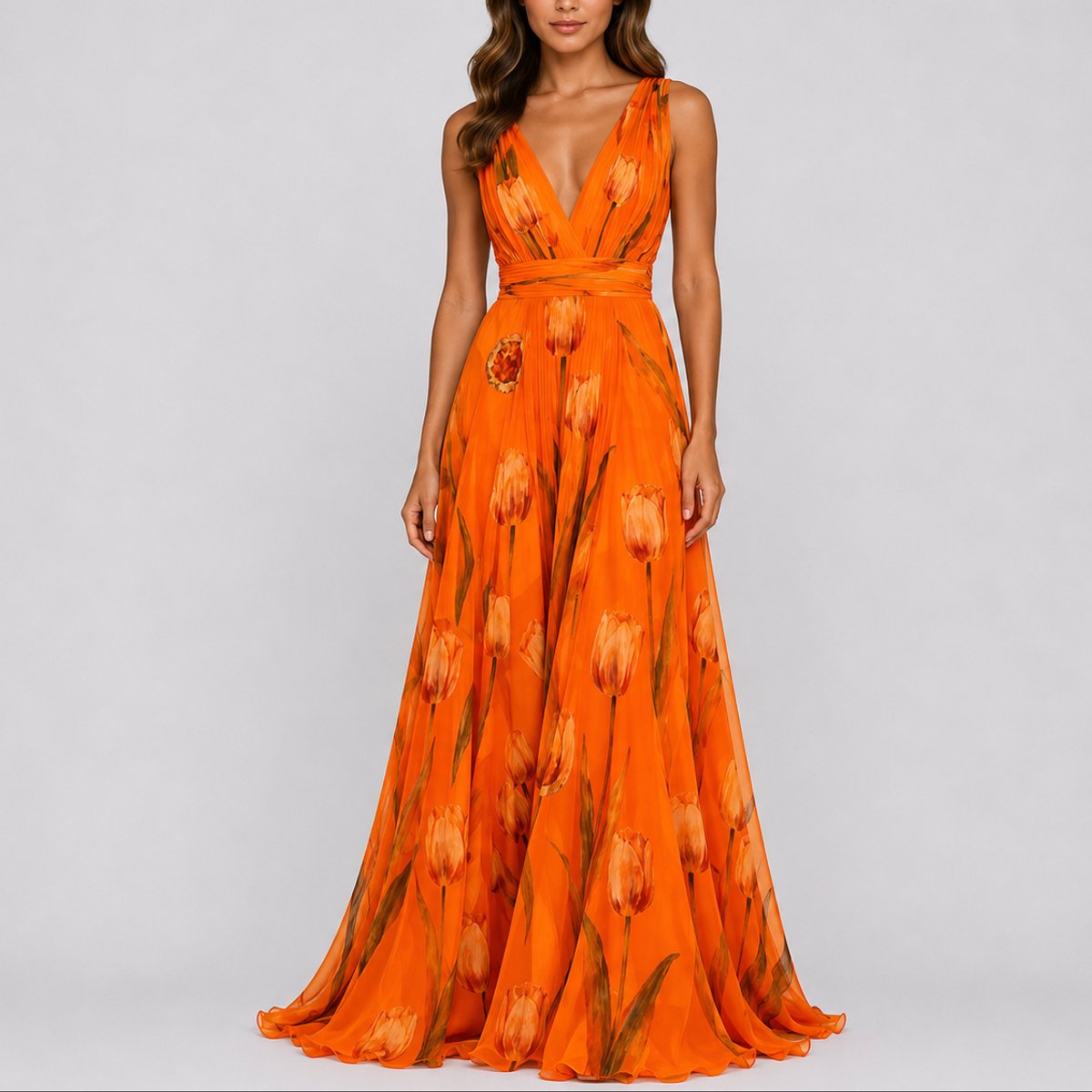 Deep V-Neck Floral Chiffon Maxi Wedding Guest Dress in Orange