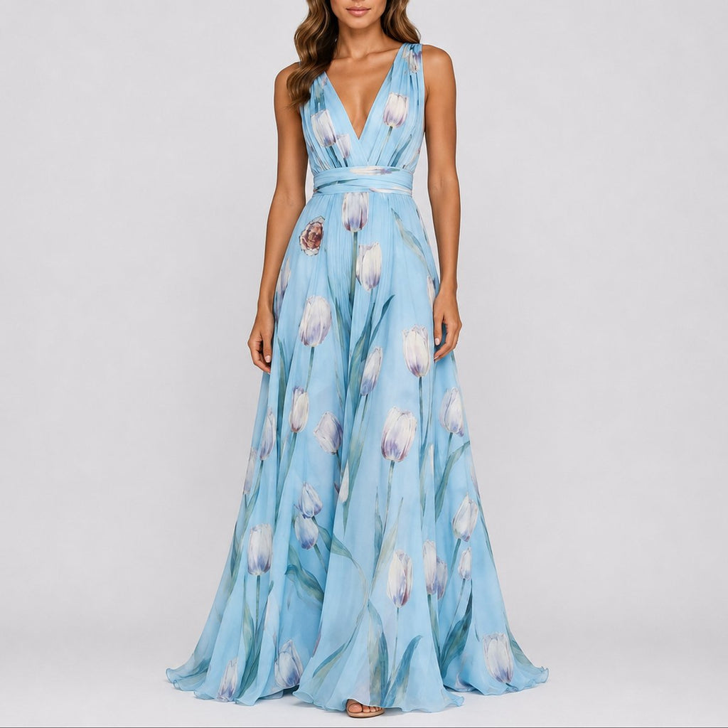 Deep V-Neck Floral Chiffon Maxi Wedding Guest Dress in Baby Blue