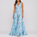 Deep V-Neck Floral Chiffon Maxi Wedding Guest Dress in Baby Blue