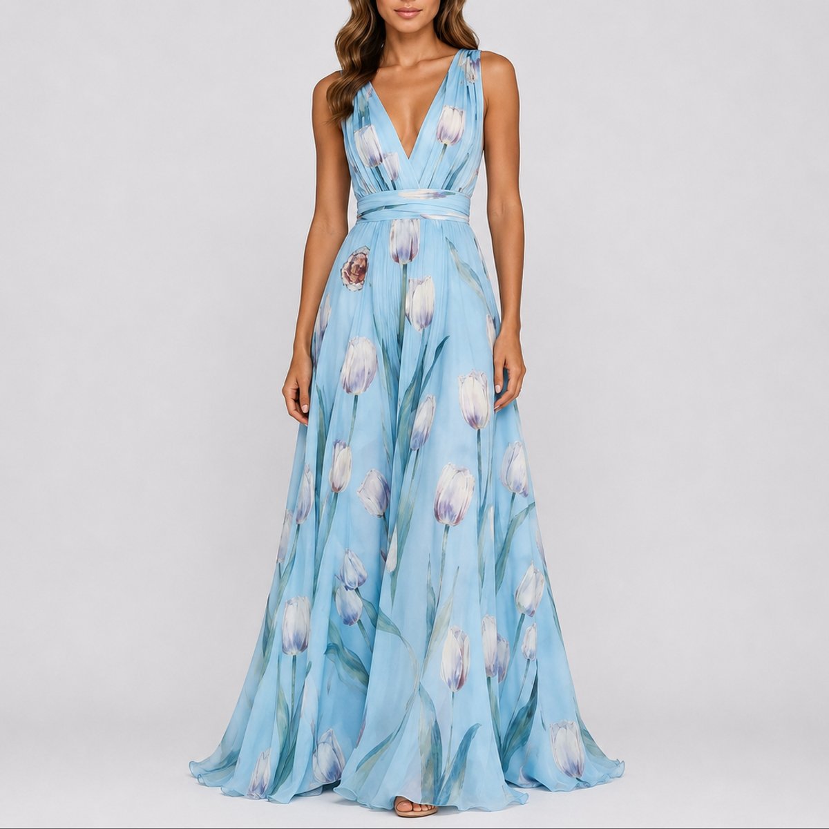 Deep V-Neck Floral Chiffon Maxi Wedding Guest Dress in Baby Blue