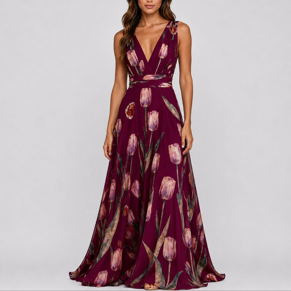 Deep V-Neck Floral Chiffon Maxi Wedding Guest Dress in Red