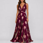 Deep V-Neck Floral Chiffon Maxi Wedding Guest Dress in Red