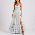 Floral Corset Tiered Ruffle Maxi Wedding Guest Dress in Blue
