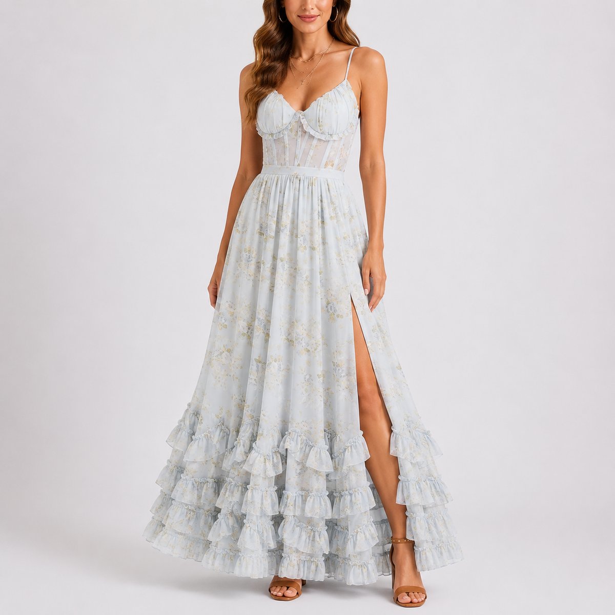 Floral Corset Tiered Ruffle Maxi Wedding Guest Dress in Blue
