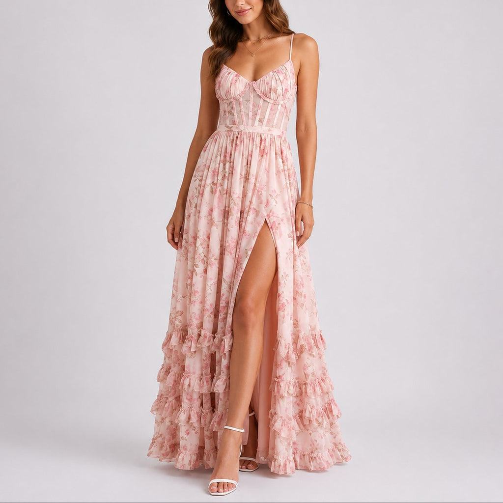 Floral Corset Tiered Ruffle Maxi Wedding Guest Dress in Pink