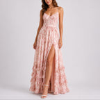 Floral Corset Tiered Ruffle Maxi Wedding Guest Dress in Pink