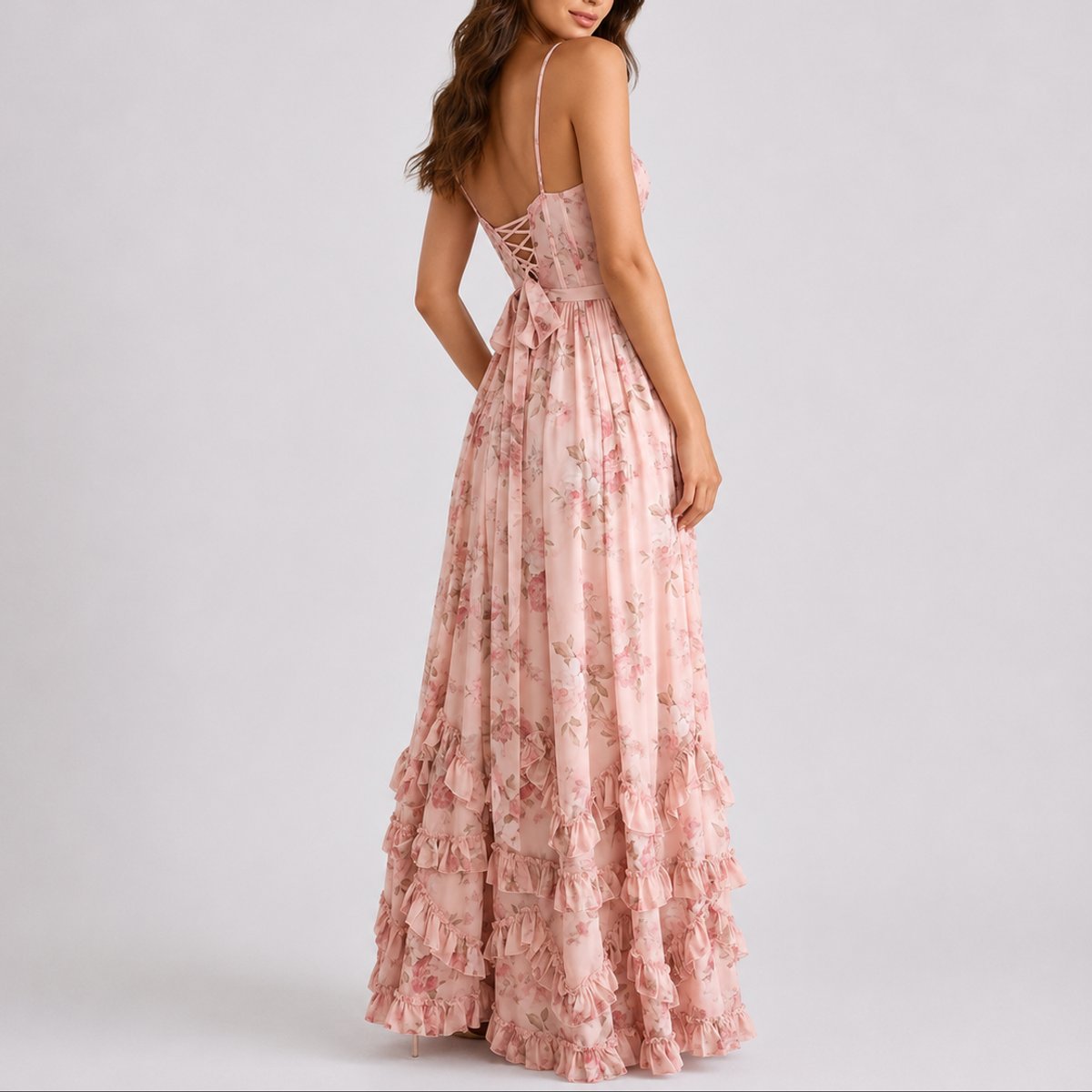 Floral Corset Tiered Ruffle Maxi Wedding Guest Dress