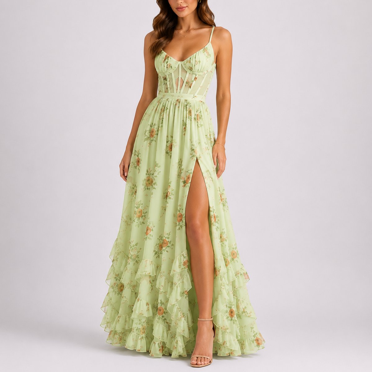 Floral Corset Tiered Ruffle Maxi Wedding Guest Dress in Gree