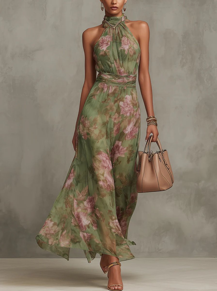 Halter Neck Floral Chiffon Belted Midi Occasion Dress in Green Floral