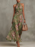 Halter Neck Floral Chiffon Belted Midi Occasion Dress in Green Floral