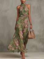 Halter Neck Floral Chiffon Belted Midi Occasion Dress in Green Floral