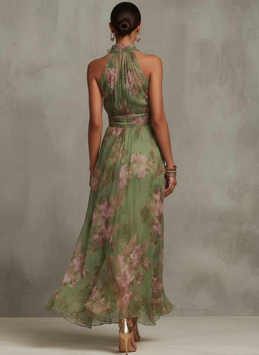 Halter Neck Floral Chiffon Belted Midi Occasion Dress
