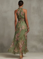 Halter Neck Floral Chiffon Belted Midi Occasion Dress