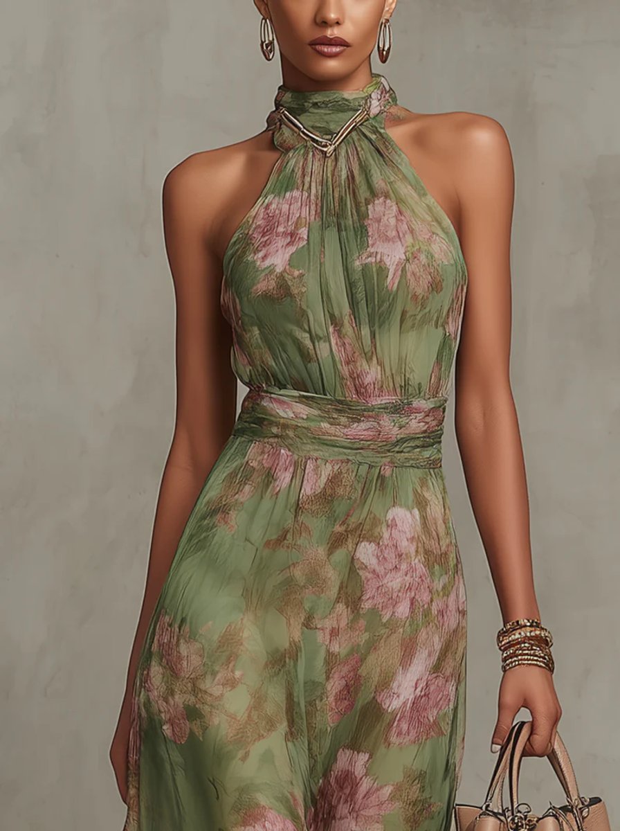 Halter Neck Floral Chiffon Belted Midi Occasion Dress