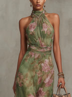 Halter Neck Floral Chiffon Belted Midi Occasion Dress