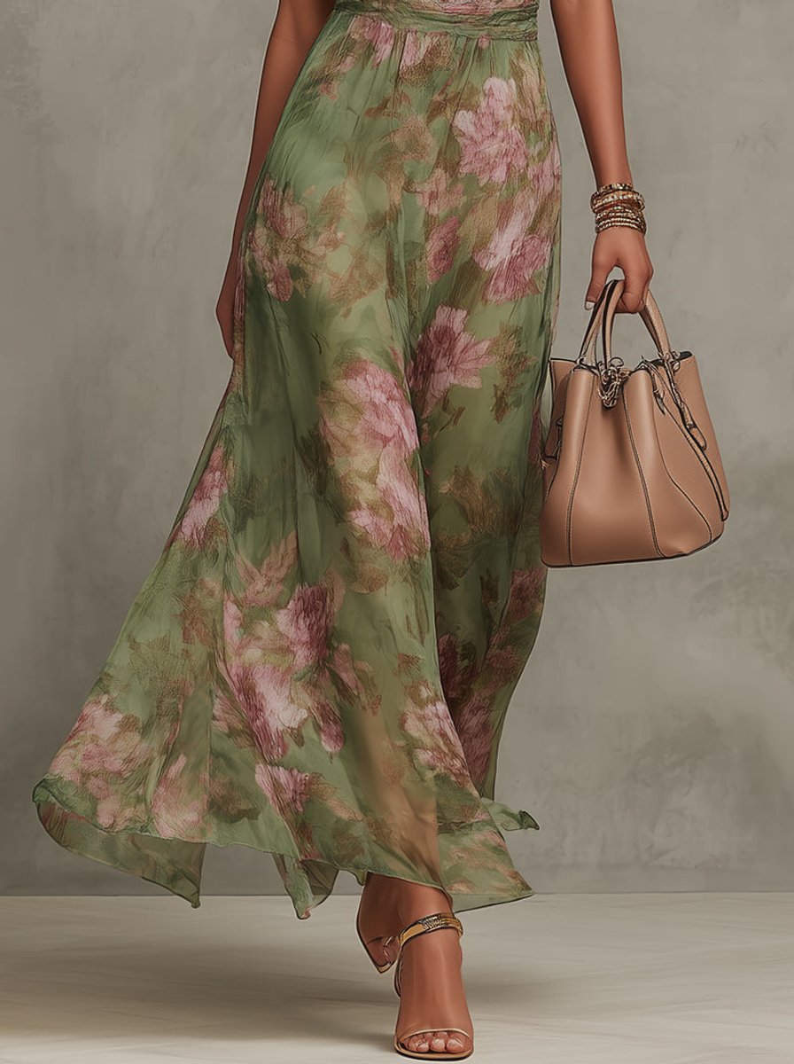 Halter Neck Floral Chiffon Belted Midi Occasion Dress