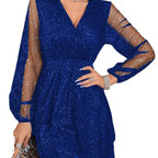 Glitter V-Neck Sheer-Sleeve Flared Mini Cocktail Dress