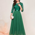 Lace Bodice Three-Quarter Sleeve Chiffon Maxi Formal Dress in Gree